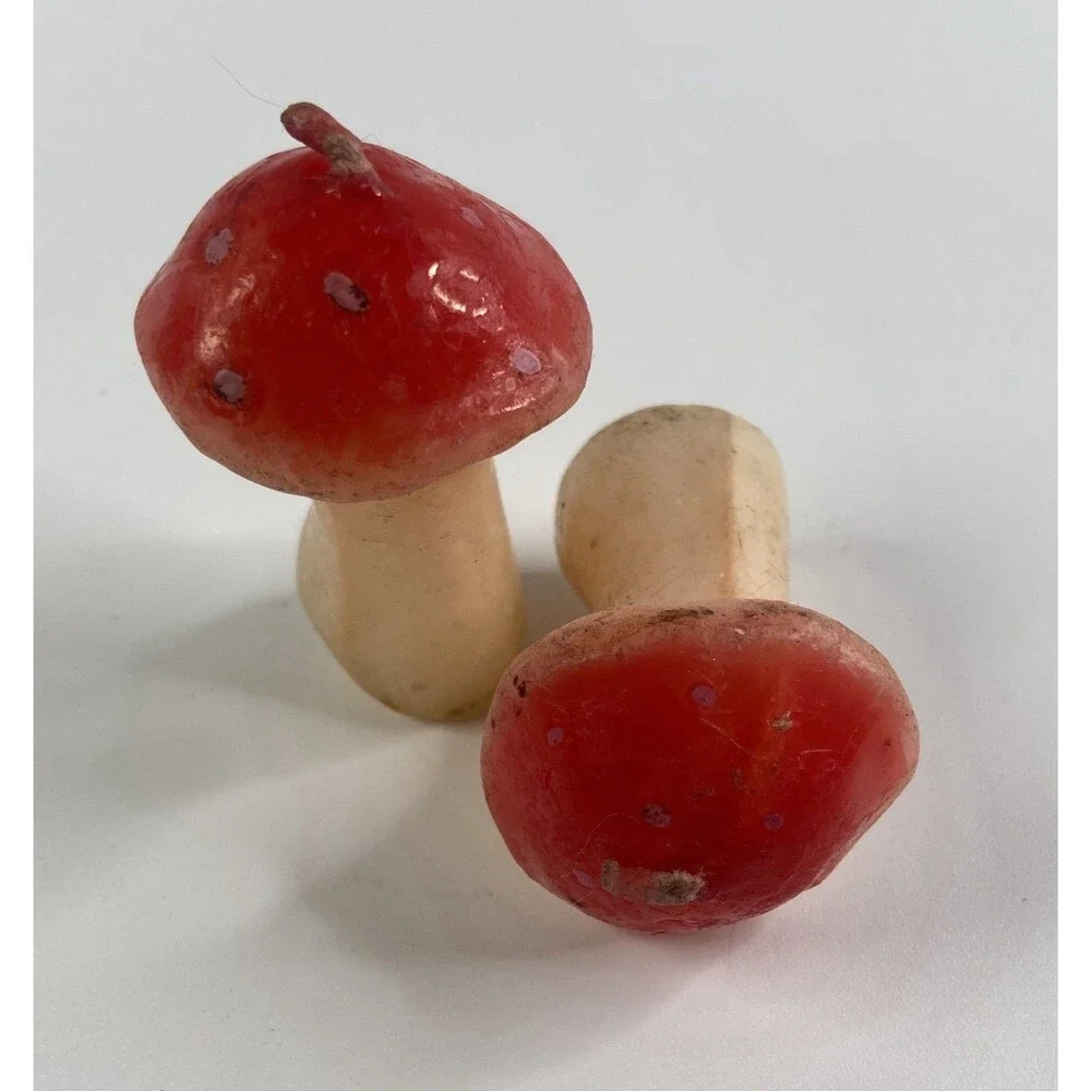 Vintage Mushroom Candles Set of 2 Red Toadstool Retro Cottagecore Decor MCM